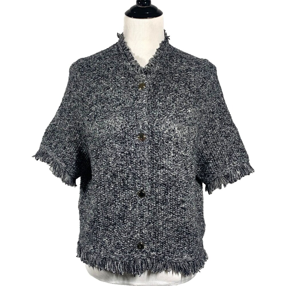 J.Crew Tweed Lady Cardigan Sweater Short Sleeve Black White Fringe XL